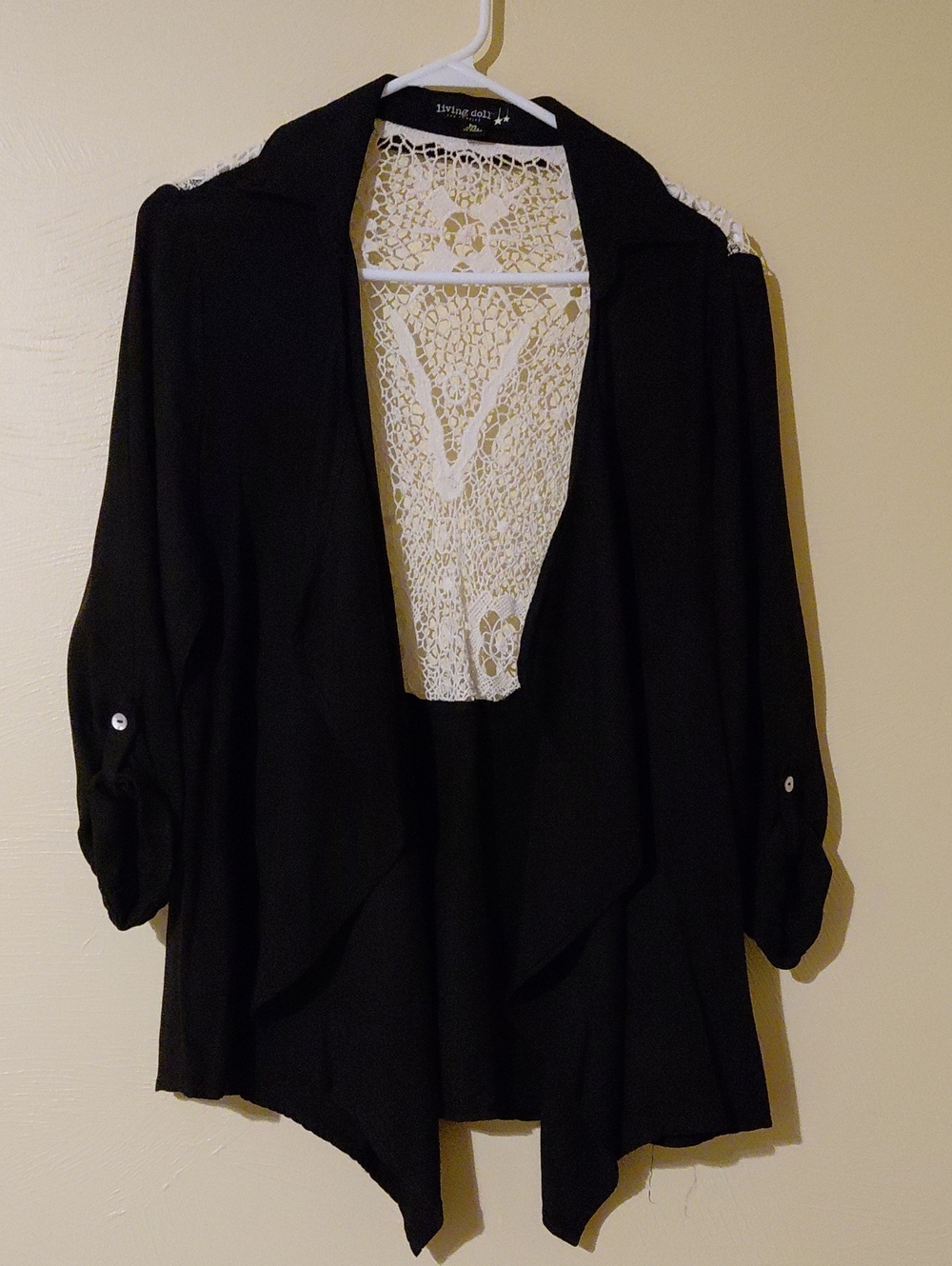 living doll Black Open-Front Cardigan with White Lace Back